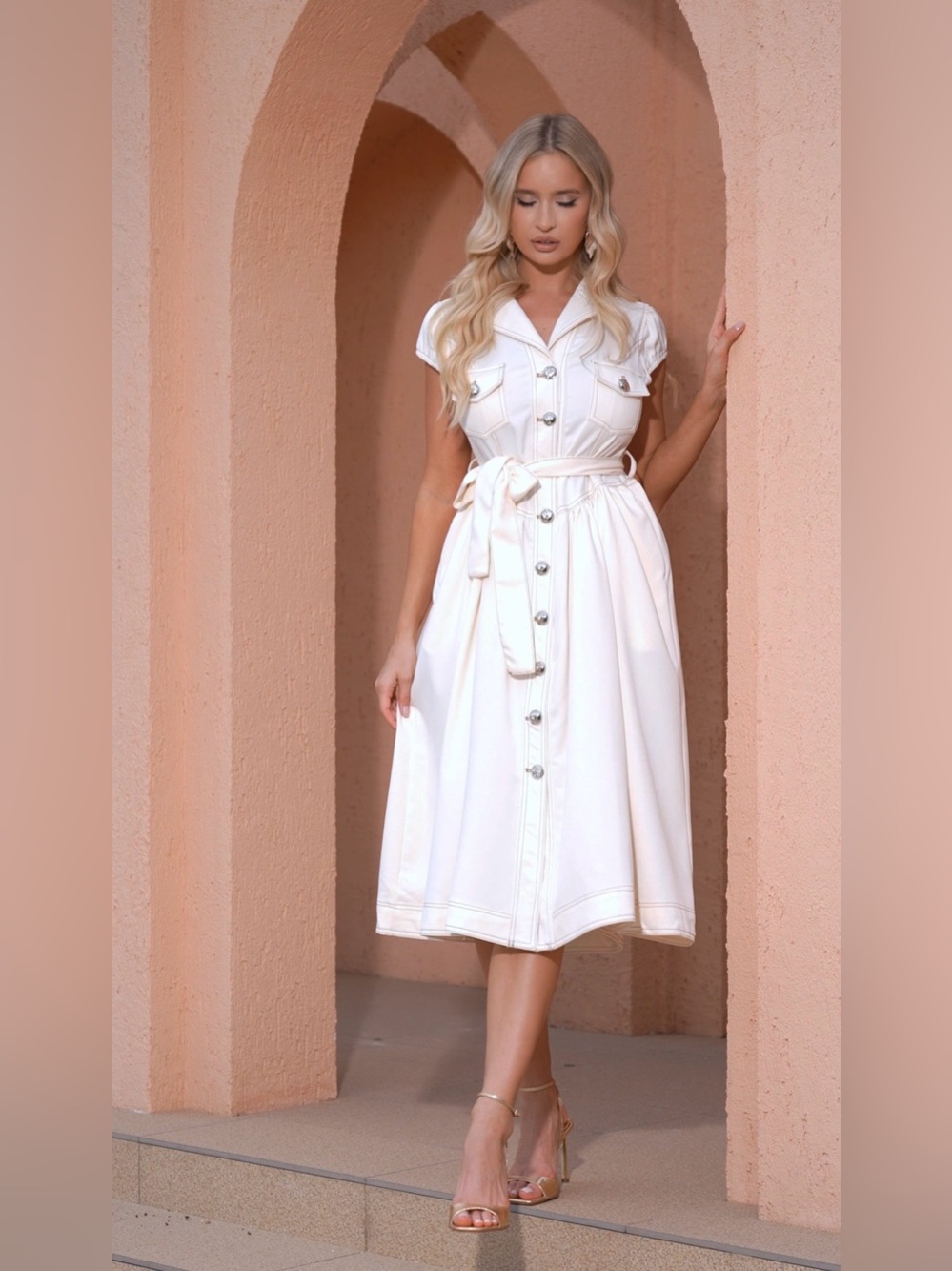 Elegant White Denim Button-Front Midi Dress with Tie Waist